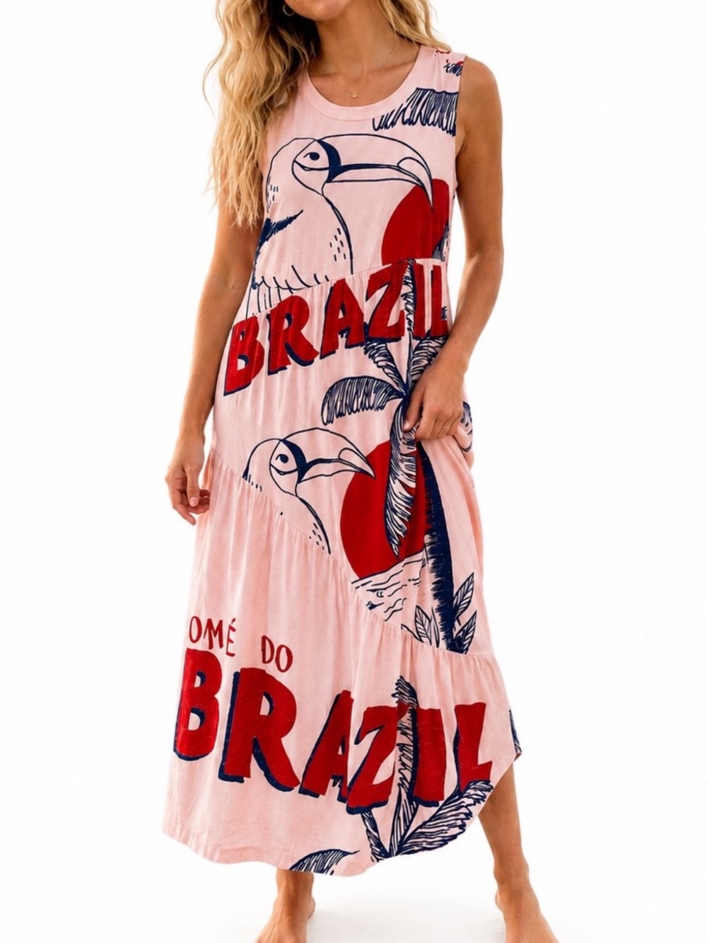 FARM Rio Pink Maxi Dress with Red & Navy Brazil Graphics